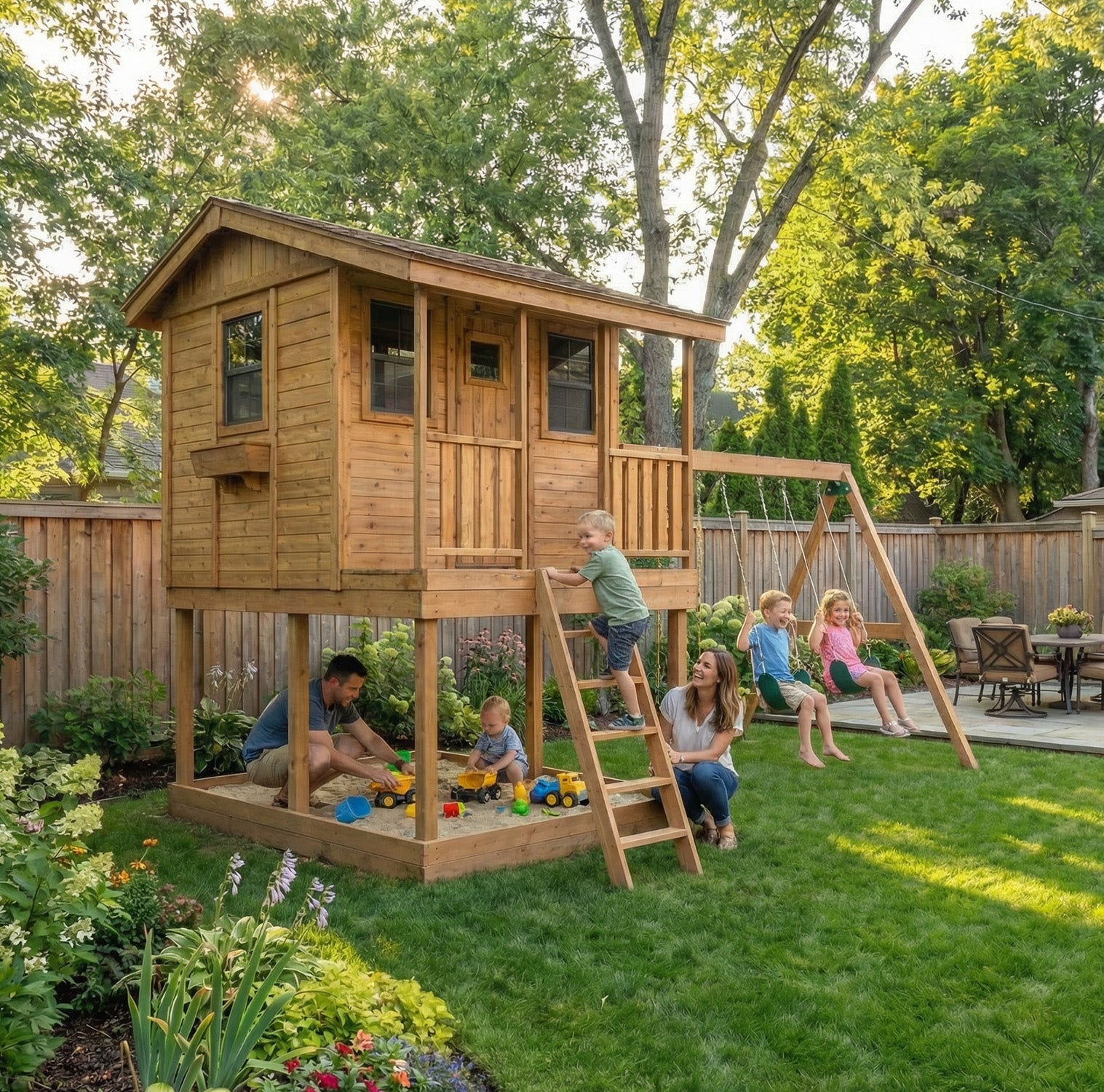 7' x 9' Cedar Cabin Playhouse & Sandbox