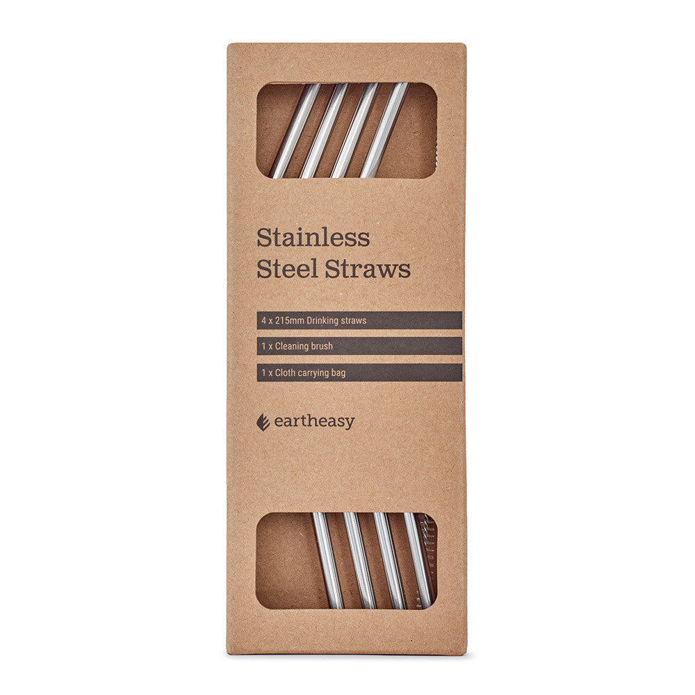 Curved stainless steel straws (4-pack) with cloth carrying bag and cleaning brush.