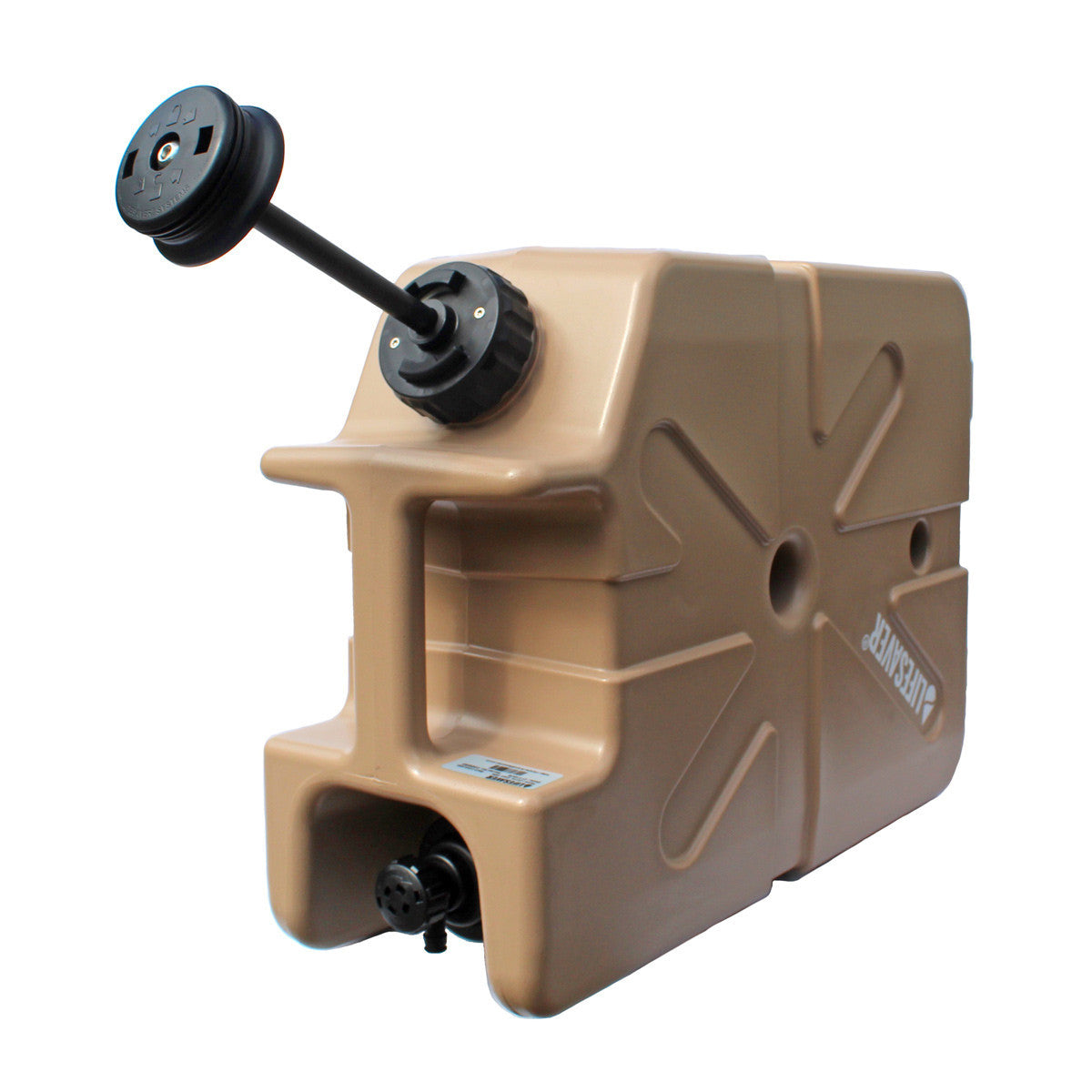 Pictured is a Black Pump on a Tan Jerrycan.